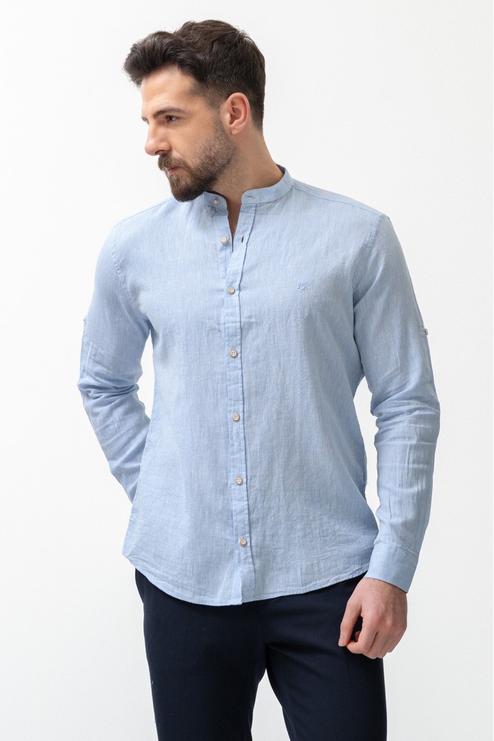 Blue Color Mandarin Collar Design Casual Linen Men's Shirt