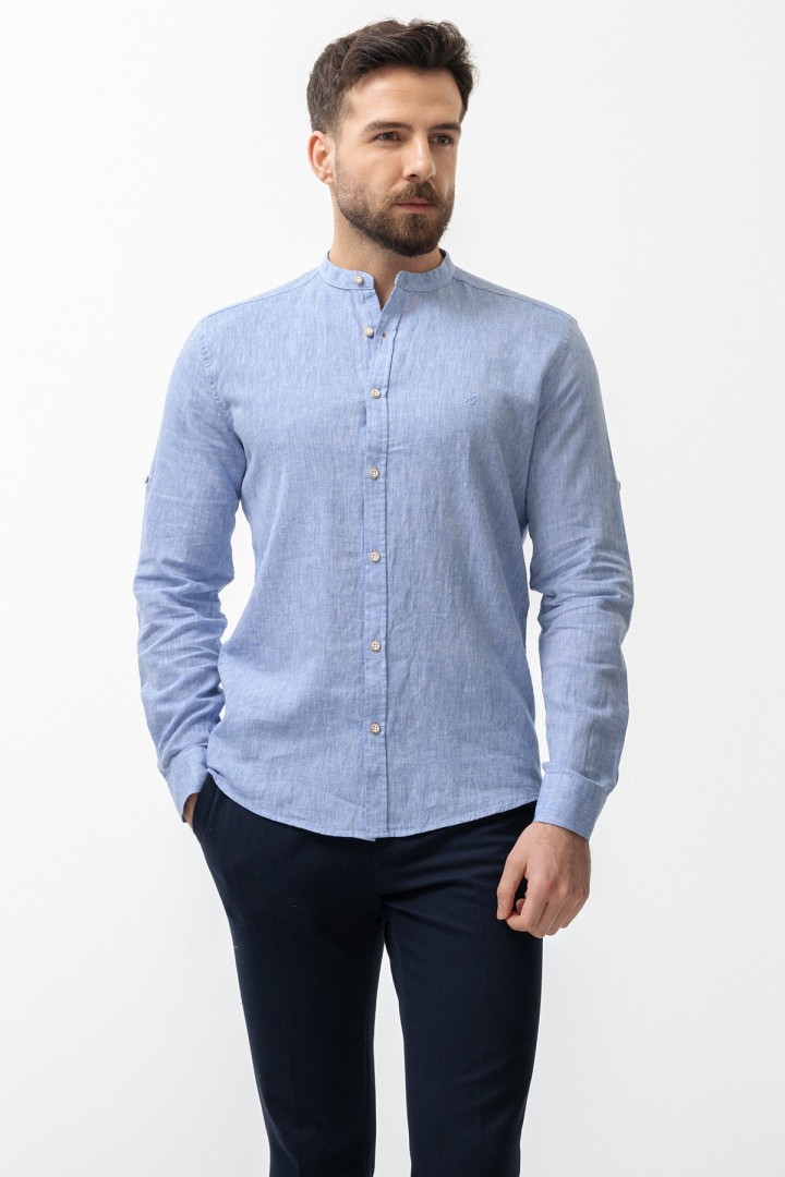 Sax Color Mandarin Collar Design Casual Linen Men's Shirt