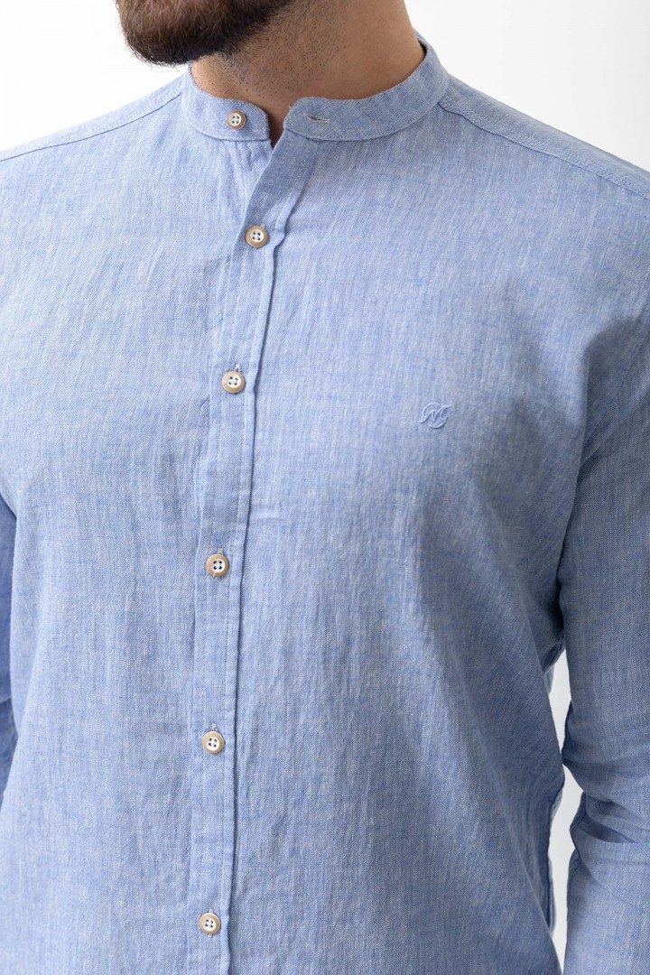 Sax Color Mandarin Collar Design Casual Linen Men's Shirt