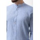 Sax Color Mandarin Collar Design Casual Linen Men's Shirt