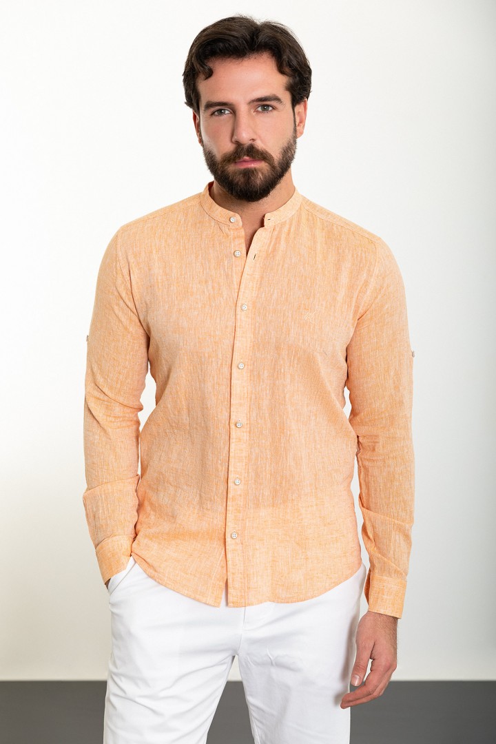 Orange Color Mandarin Collar Design Casual Linen Men's Shirt
