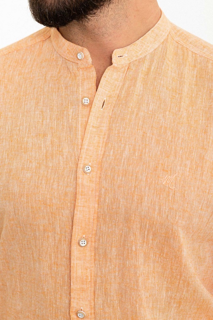 Orange Color Mandarin Collar Design Casual Linen Men's Shirt