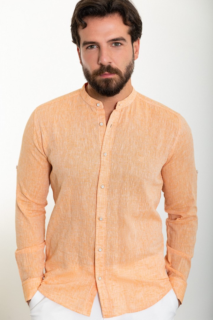Orange Color Mandarin Collar Design Casual Linen Men's Shirt