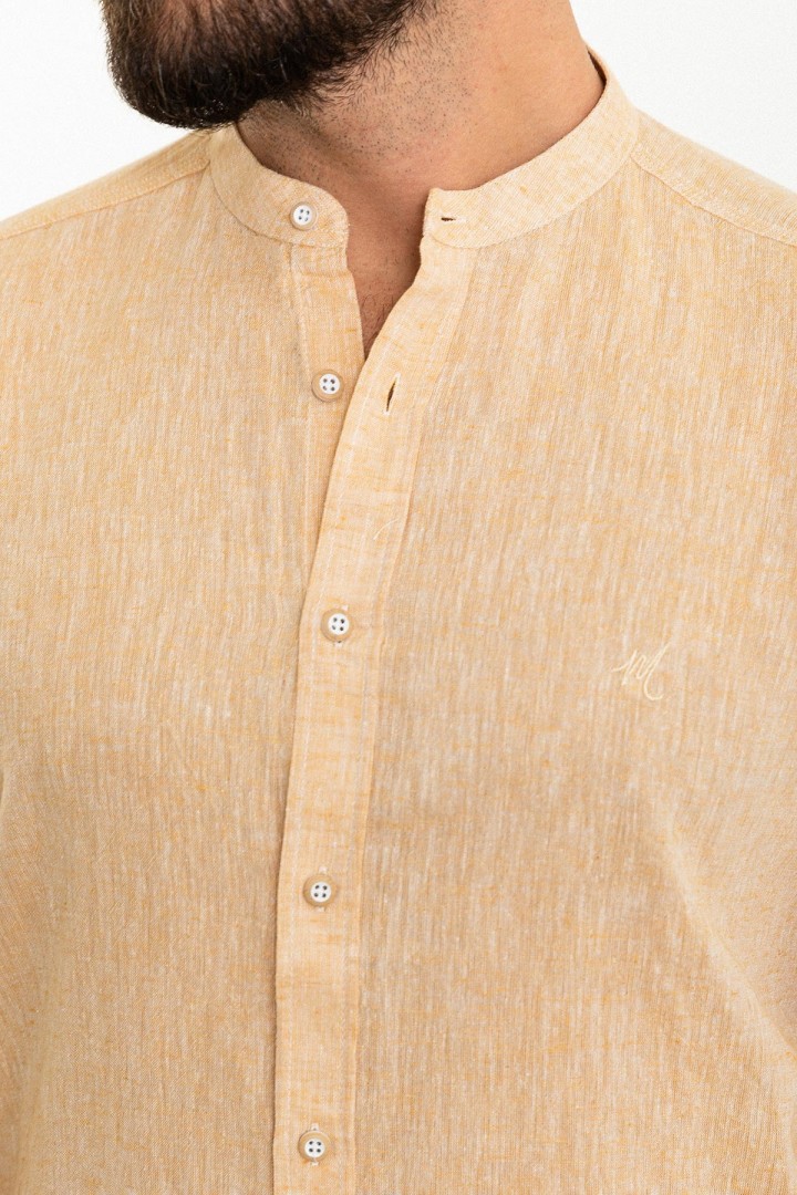Yellow Color Mandarin Collar Design Casual Linen Men's Shirt