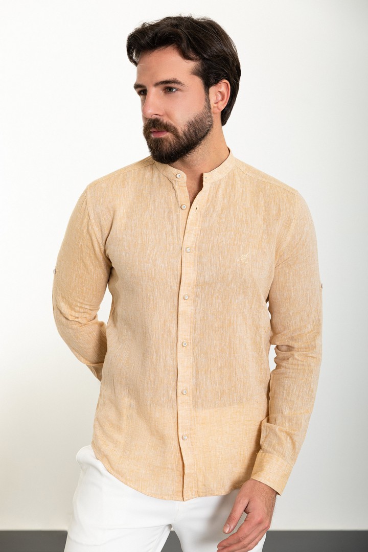 Yellow Color Mandarin Collar Design Casual Linen Men's Shirt