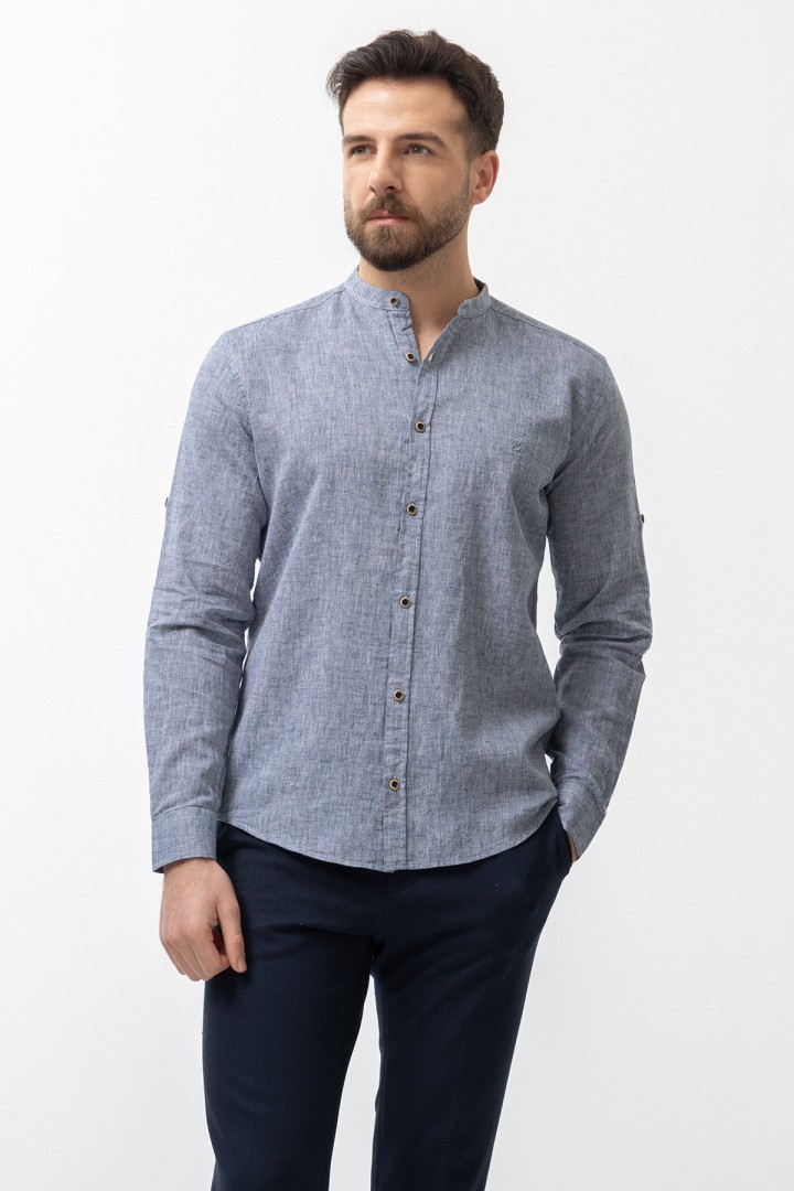 Light Dark Blue Color Mandarin Collar Design Casual Linen Men's Shirt