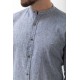 Light Dark Blue Color Mandarin Collar Design Casual Linen Men's Shirt