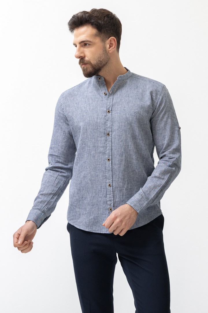 Light Dark Blue Color Mandarin Collar Design Casual Linen Men's Shirt
