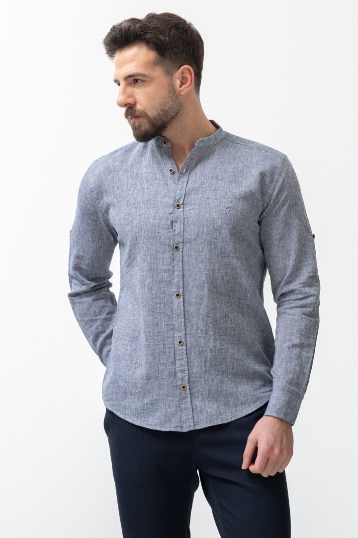 Light Dark Blue Color Mandarin Collar Design Casual Linen Men's Shirt