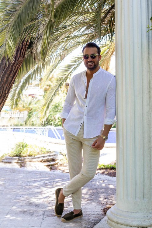 White Color Mandarin Collar Design Casual Linen Men's Shirt