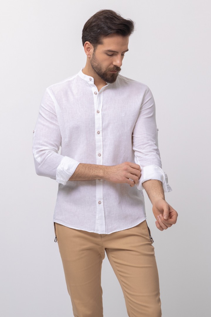 White Color Mandarin Collar Design Casual Linen Men's Shirt