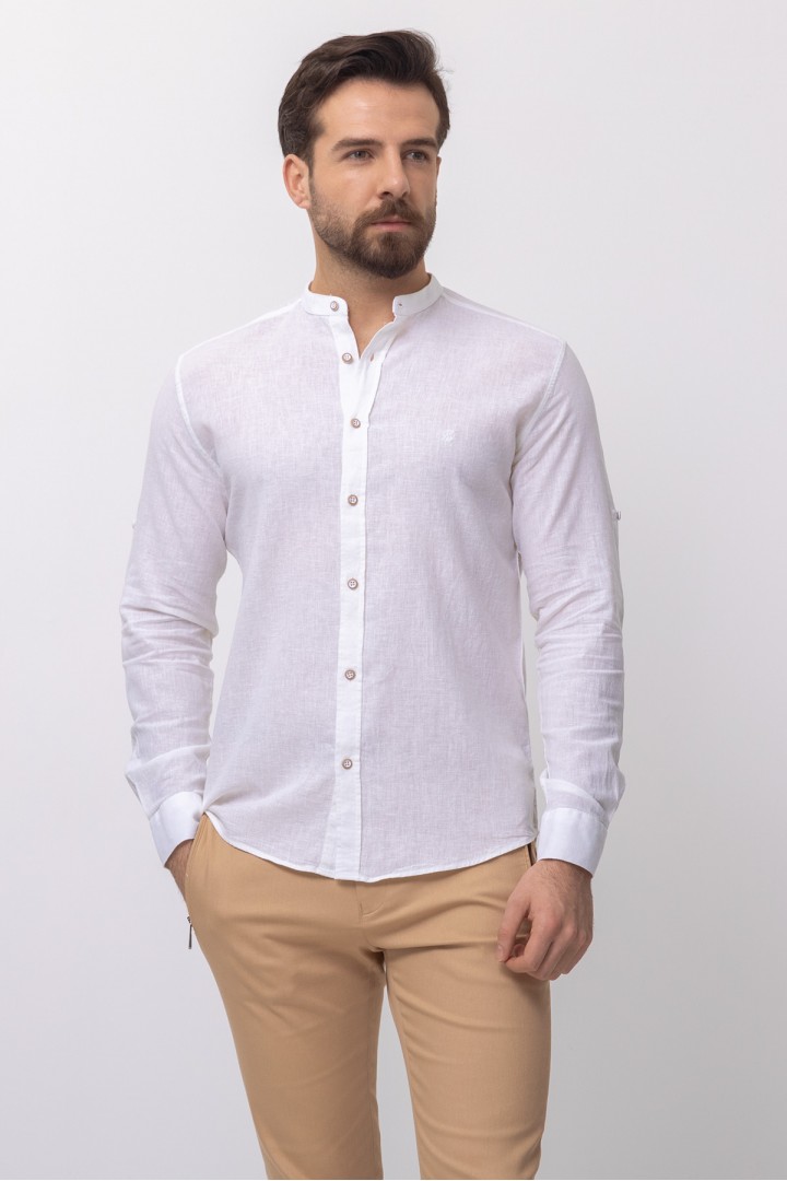 White Color Mandarin Collar Design Casual Linen Men's Shirt