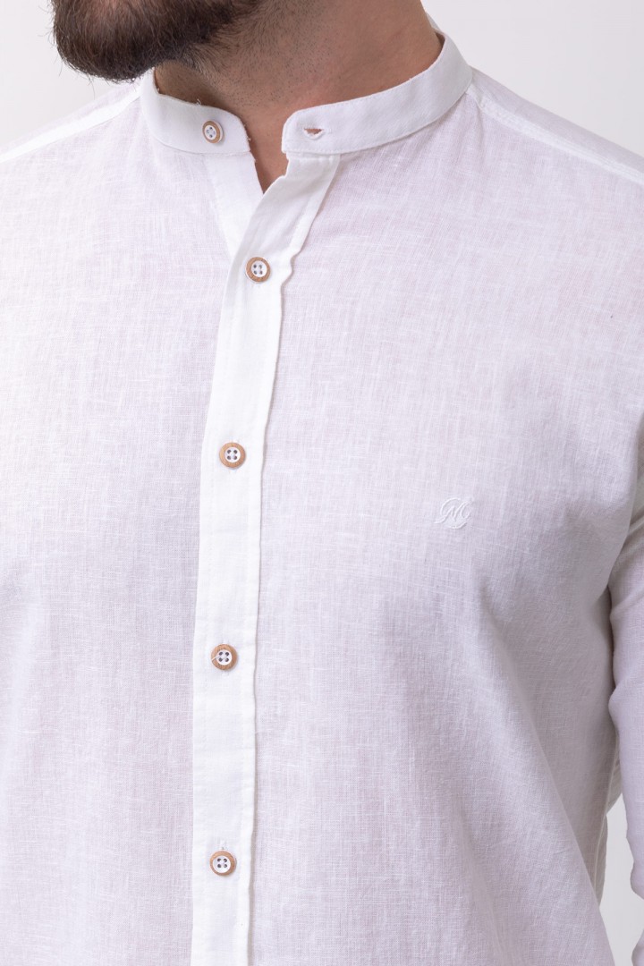 White Color Mandarin Collar Design Casual Linen Men's Shirt