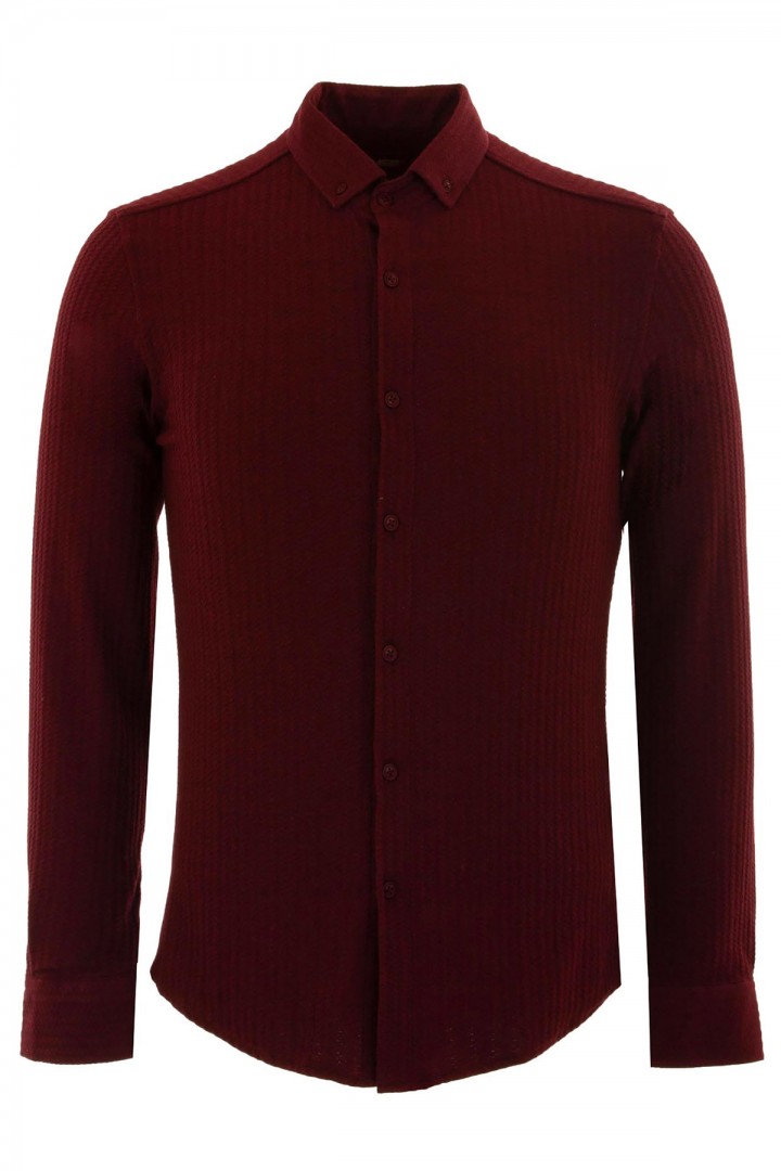 Claret Red Poly And Elastane Jacquard Fabrics Detailed Casual Mens Shirt