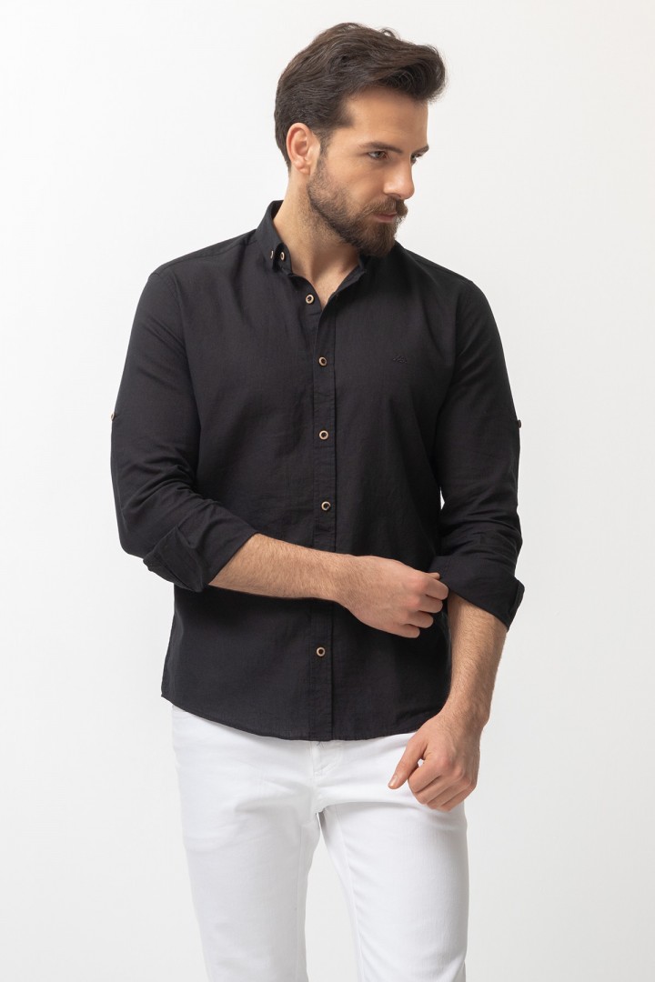 Black Color Casual Linen Men's Shirt