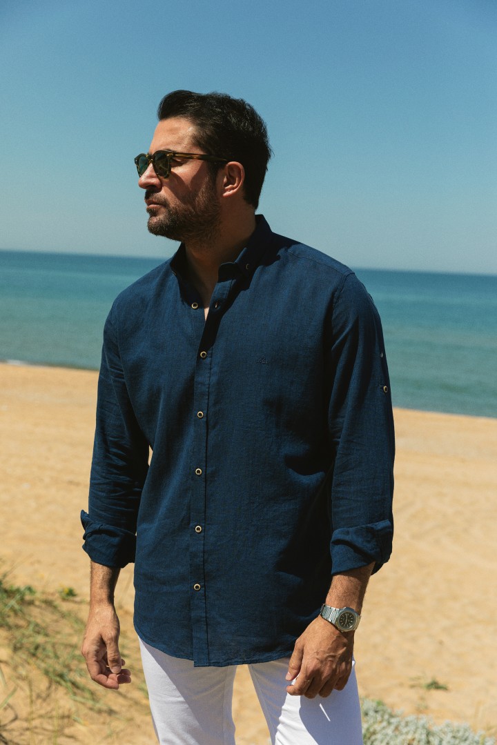 Dark Blue Color Casual Linen Men's Shirt