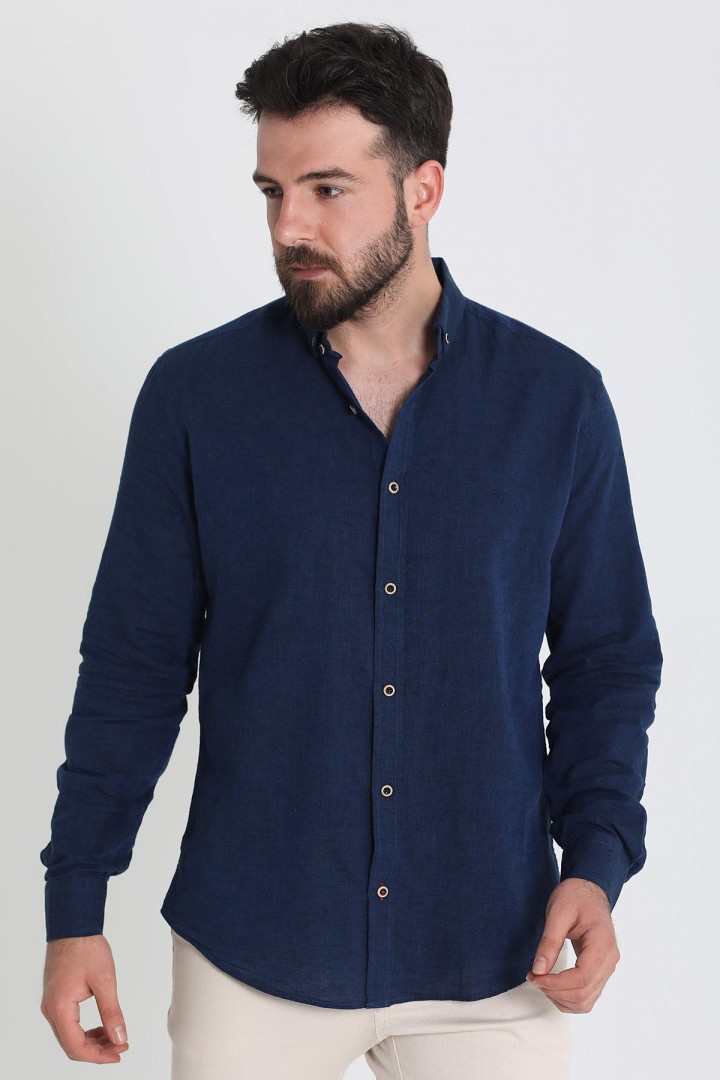 Dark Blue Color Casual Linen Men's Shirt