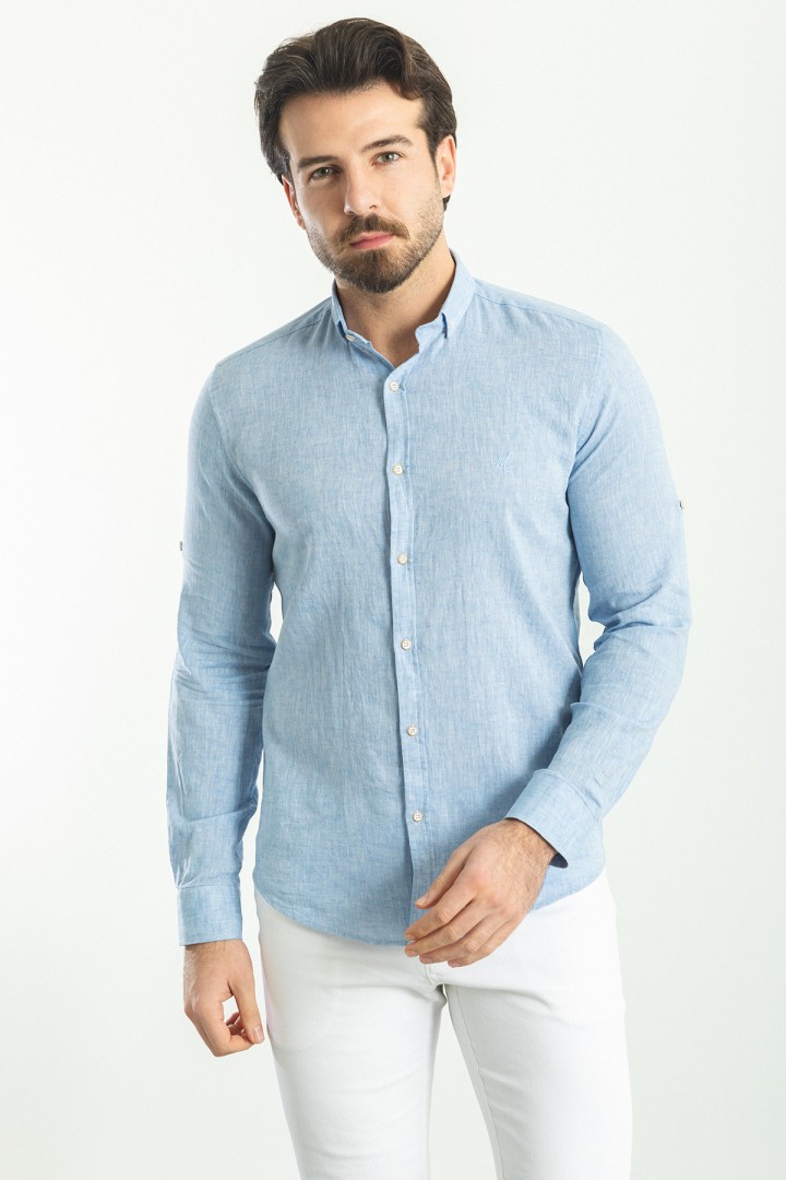 Blue Color Casual Linen Men's Shirt