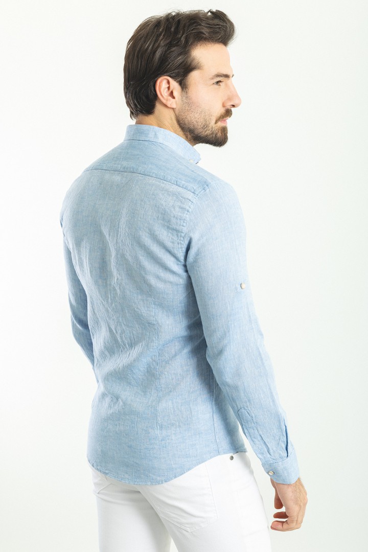 Blue Color Casual Linen Men's Shirt
