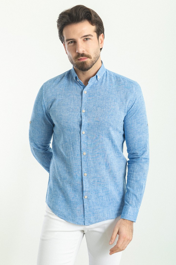Sax Color Casual Linen Men's Shirt