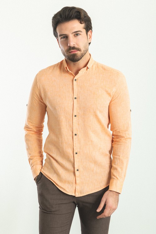 Orange Color Casual Linen Men's Shirt