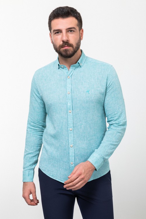 Turquoise Color Casual Linen Men's Shirt