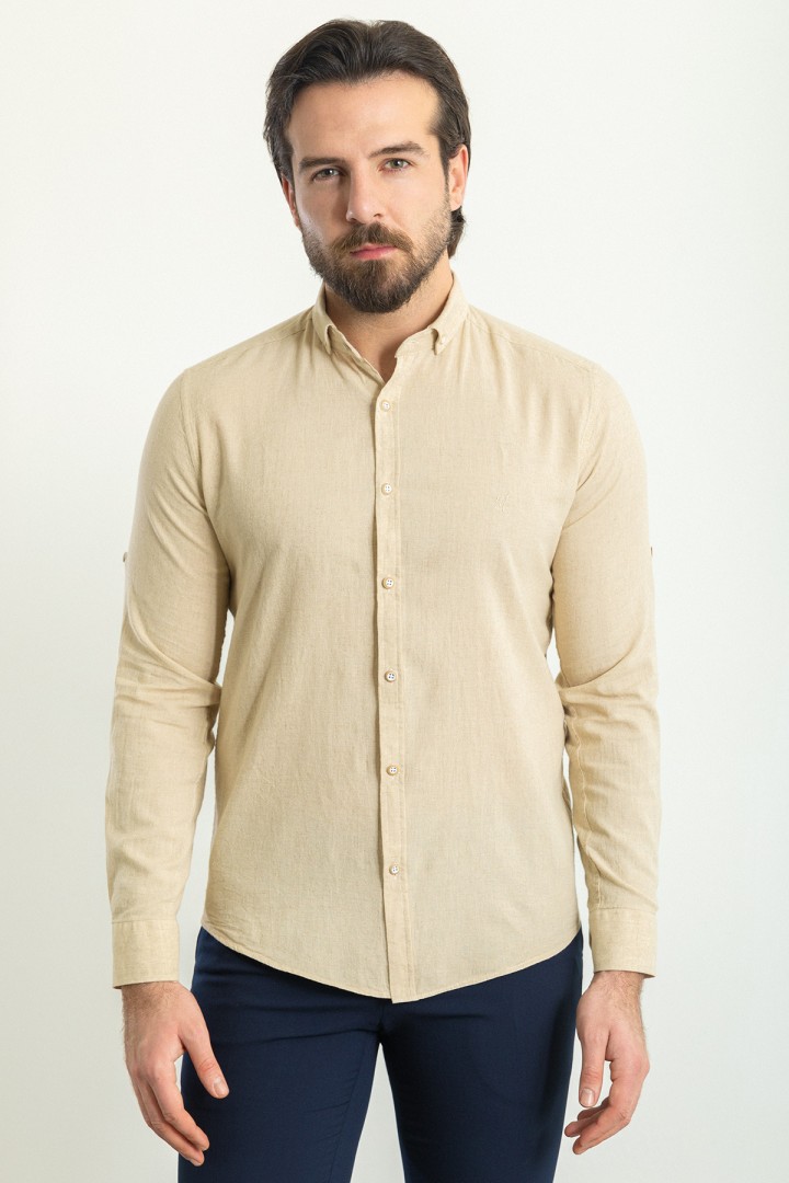 Beige Color Casual Linen Men's Shirt