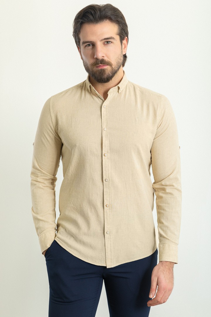 Beige Color Casual Linen Men's Shirt