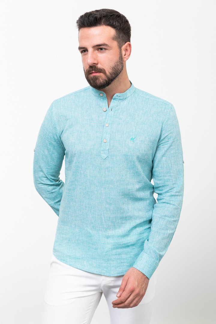 Turquoise Cotton And Linen Fabrics With Mandarin Collar Detailed Casual Mens Shirt