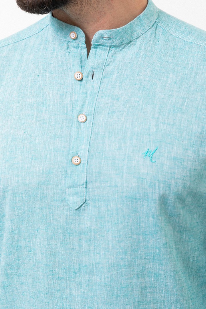 Turquoise Cotton And Linen Fabrics With Mandarin Collar Detailed Casual Mens Shirt