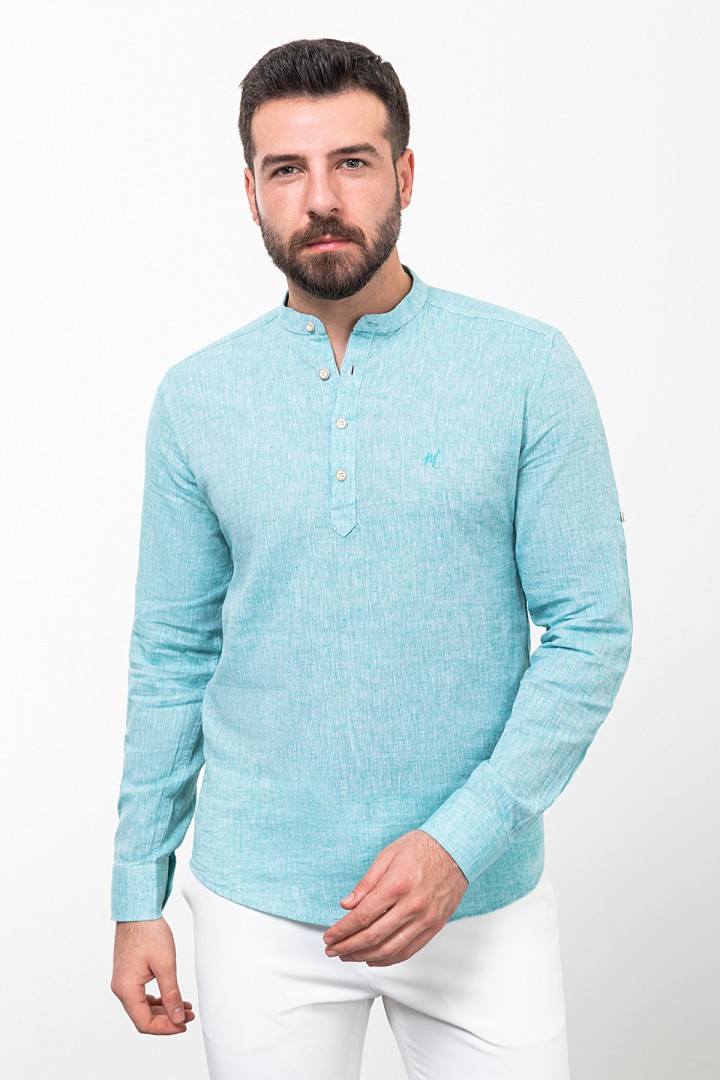Turquoise Cotton And Linen Fabrics With Mandarin Collar Detailed Casual Mens Shirt