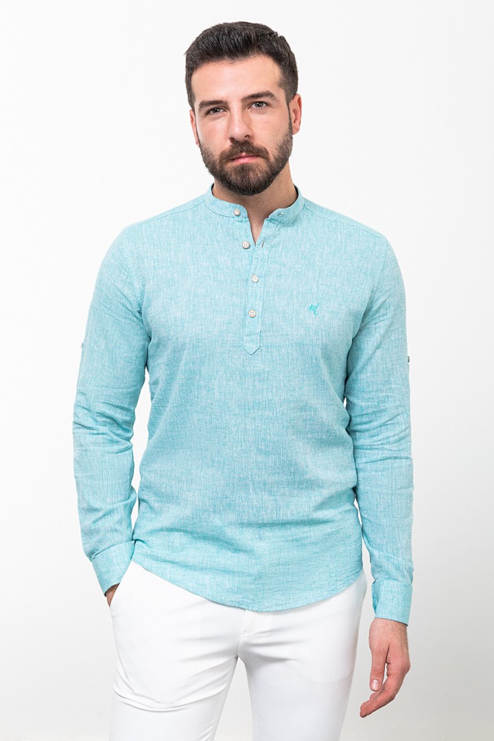 Turquoise Cotton And Linen Fabrics With Mandarin Collar Detailed Casual Mens Shirt