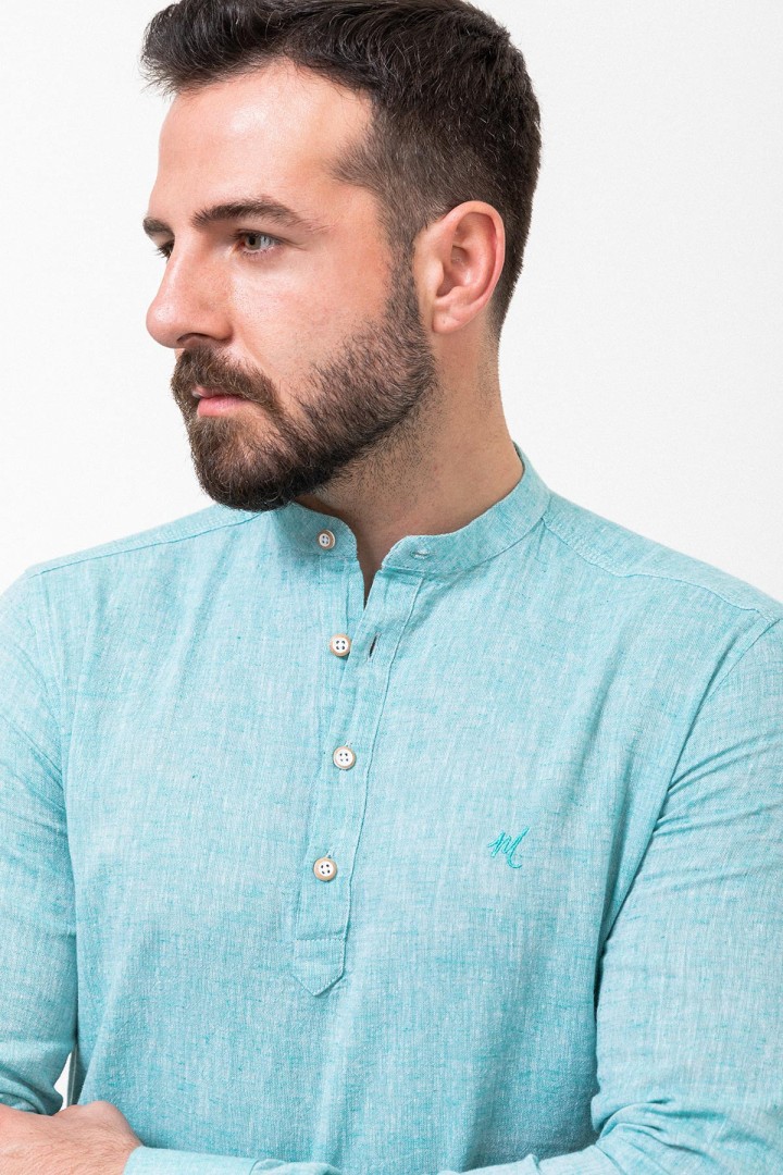 Turquoise Cotton And Linen Fabrics With Mandarin Collar Detailed Casual Mens Shirt