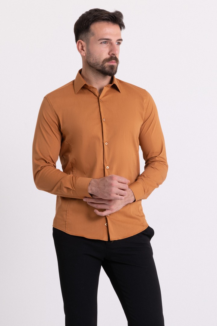 Camel Cotton And Elastane Fabrics Classic Men's Shirt