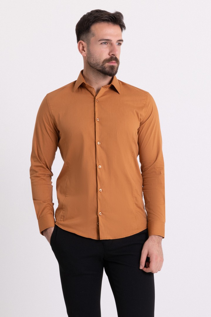 Camel Cotton And Elastane Fabrics Classic Men's Shirt