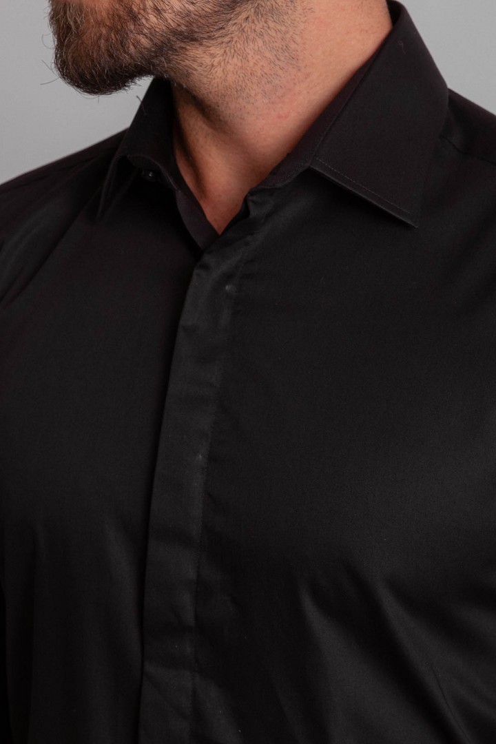 Black Cotton And Satin Fabrics With Hidden Buttons Classic Mens Shirt