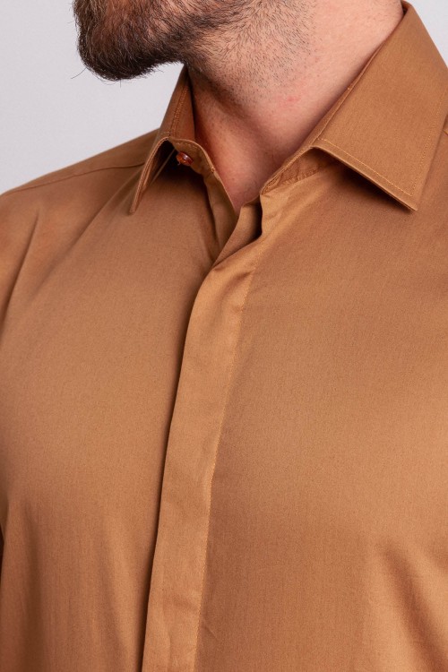 Camel Cotton And Satin Fabrics With Hidden Buttons Classic Mens Shirt