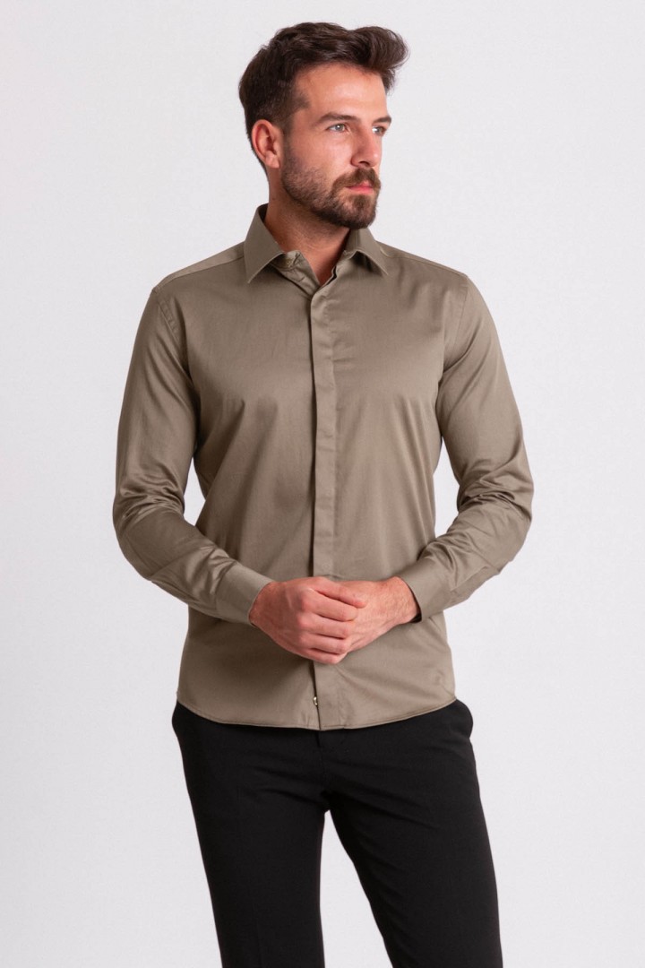Khaki Cotton And Satin Fabrics With Hidden Buttons Classic Mens Shirt