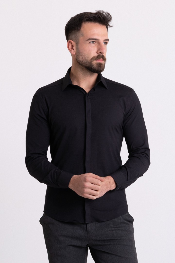 Black Cotton And Elastane Fabrics With Hidden Buttons Classic Mens Shirt