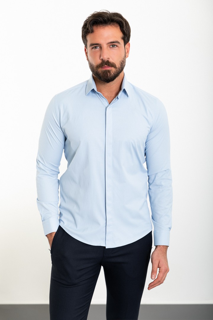 Blue Cotton And Elastane Fabrics Concealed Buttons Classic Mens Shirt