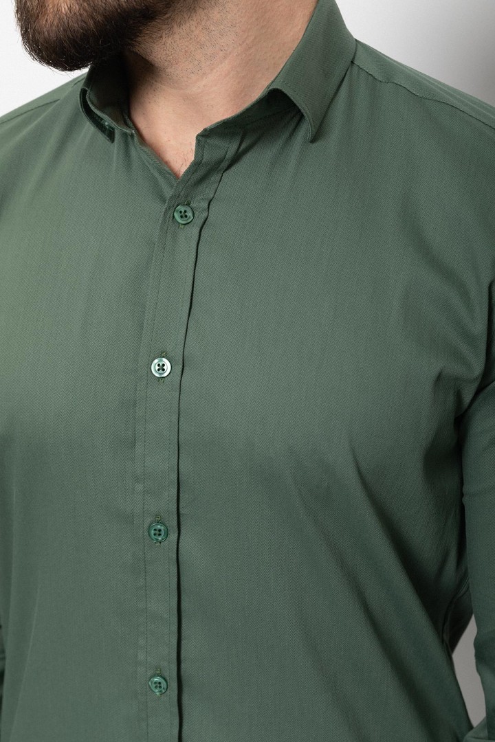 Khaki Cotton And Elastane Fabrics Concealed Button Detailed Casual Mens Shirt