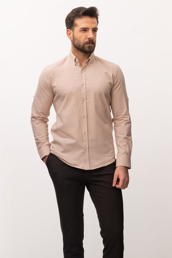 Beige Cotton Fabric With Dobby Design Casual Mens Shirt