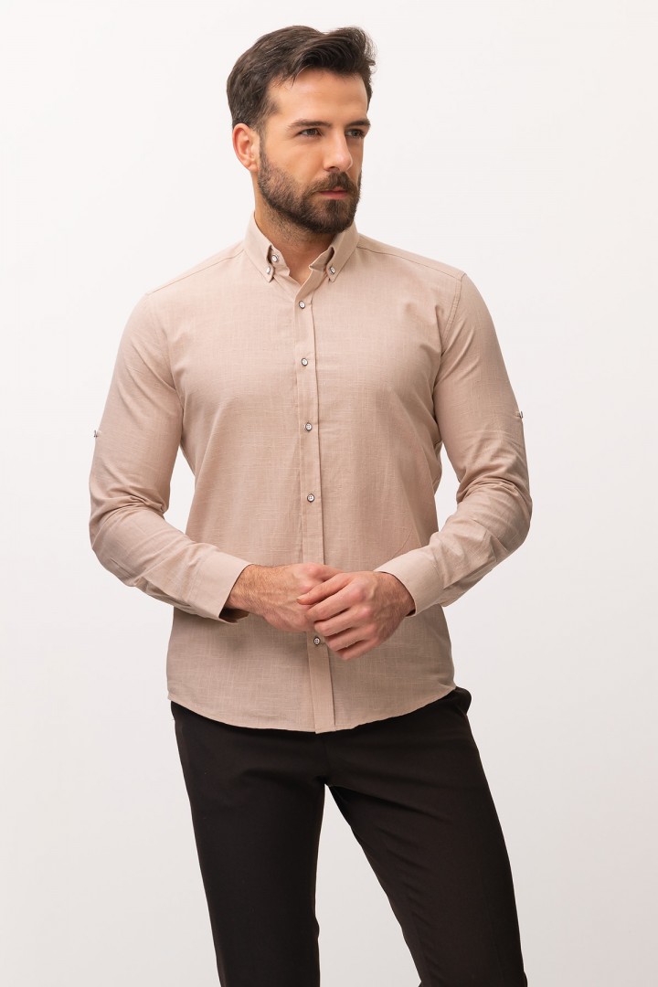 Beige Cotton Fabric With Dobby Design Casual Mens Shirt