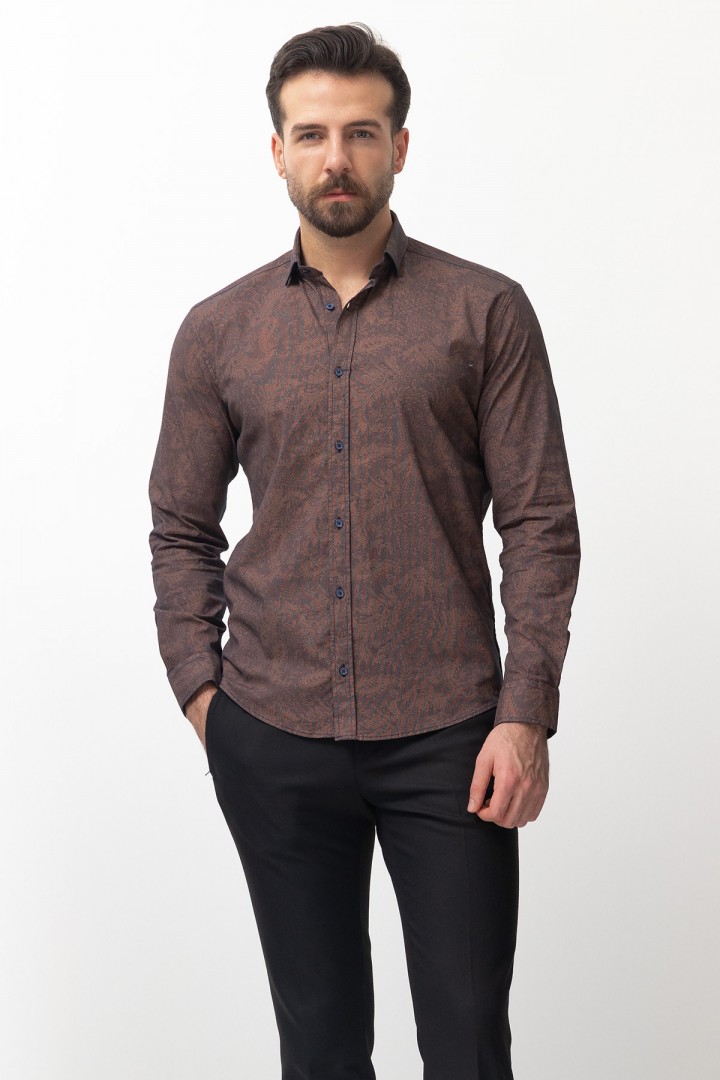 Camel Cotton And Elastane Fabrics Concealed Button Detailed Casual Mens Shirt