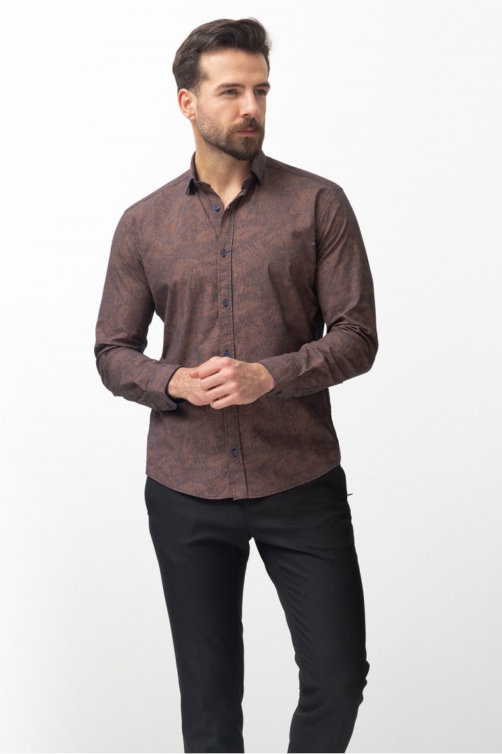 Camel Cotton And Elastane Fabrics Concealed Button Detailed Casual Mens Shirt