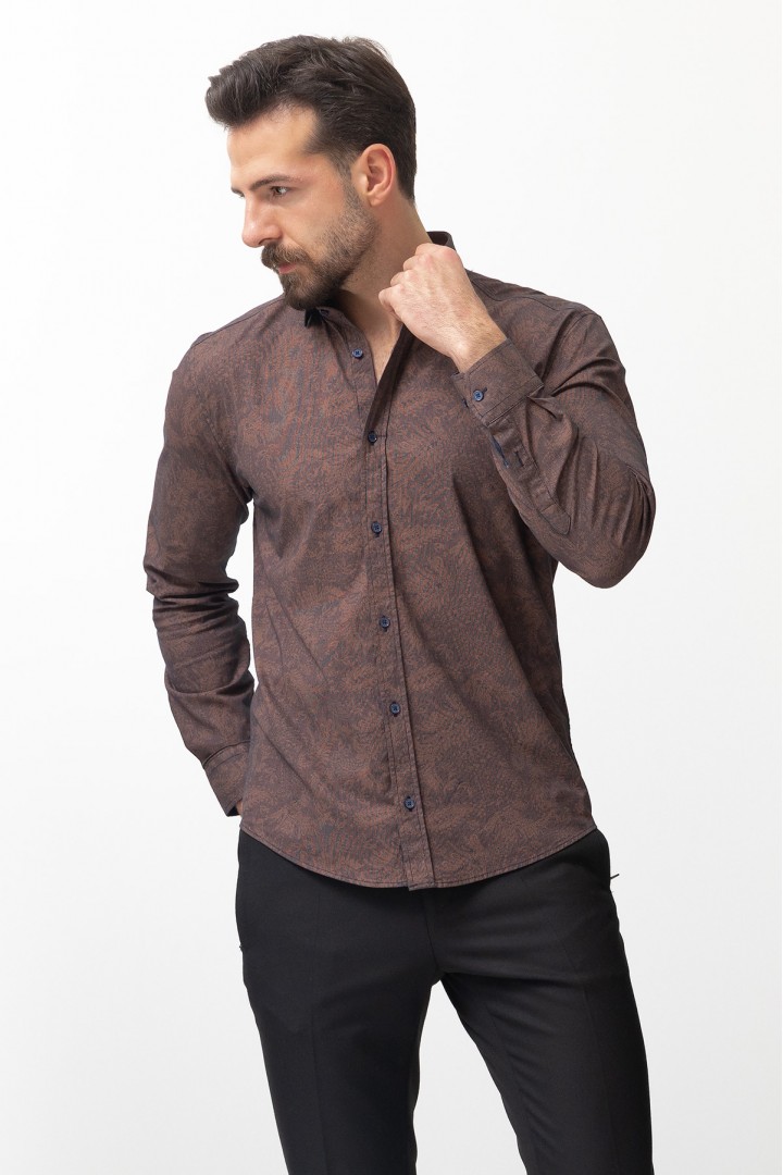Camel Cotton And Elastane Fabrics Concealed Button Detailed Casual Mens Shirt