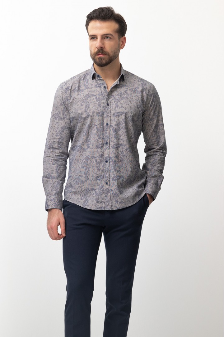 Beige Cotton And Elastane Fabrics Concealed Button Detailed Casual Mens Shirt