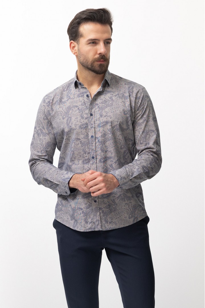 Beige Cotton And Elastane Fabrics Concealed Button Detailed Casual Mens Shirt
