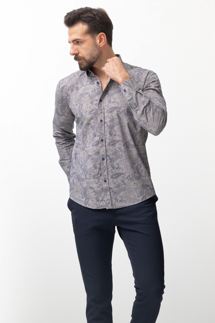 Beige Cotton And Elastane Fabrics Concealed Button Detailed Casual Mens Shirt