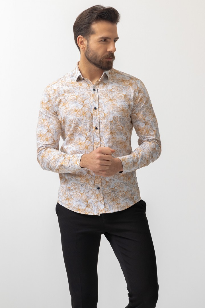 White And Camel Colours Combination Cotton And Elastane Fabrics Concealed Button Detailed Casual Mens Shirt
